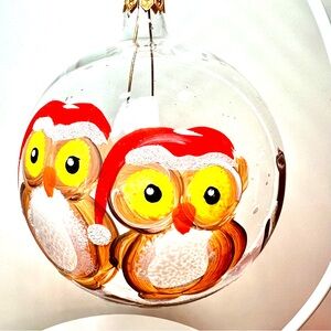 Christmas Winter Owls Italian Glass Ball Ornament Hand Painted Mouth Blown Snow